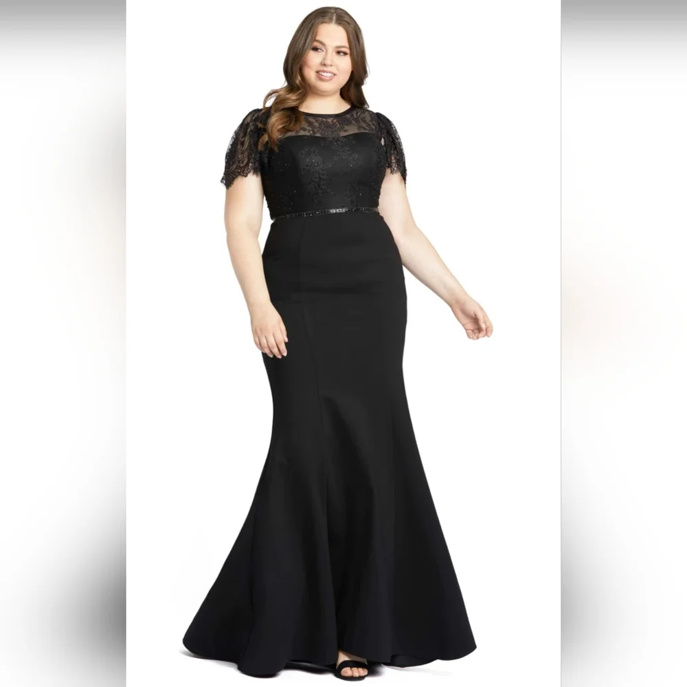 Mac Duggal LACE ILLUSION HIGH NECK CAP SLEEVE GOWN size 16W black NWT(48984)